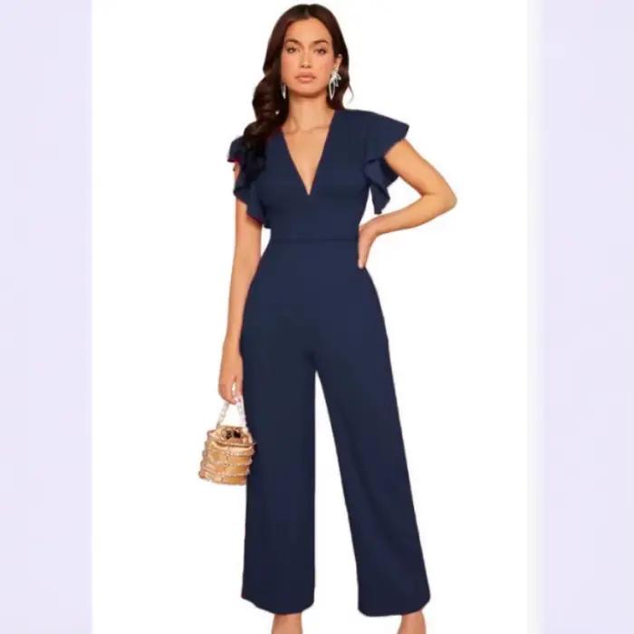 Combinaison Femme Une Pièce Col Plongeant Manches Volantées Pantalon Long Taille Élastique Y2K Streetwear Tenue de Travail 2026