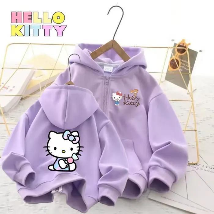 Veste pour filles Hello Kitty, manteau à fermeture éclair, pull imprimé chat de dessin animé, sweat à capuche fin pour printemps et automne, vêtements d'extérieur en coton, cadeaux d'anniversaire