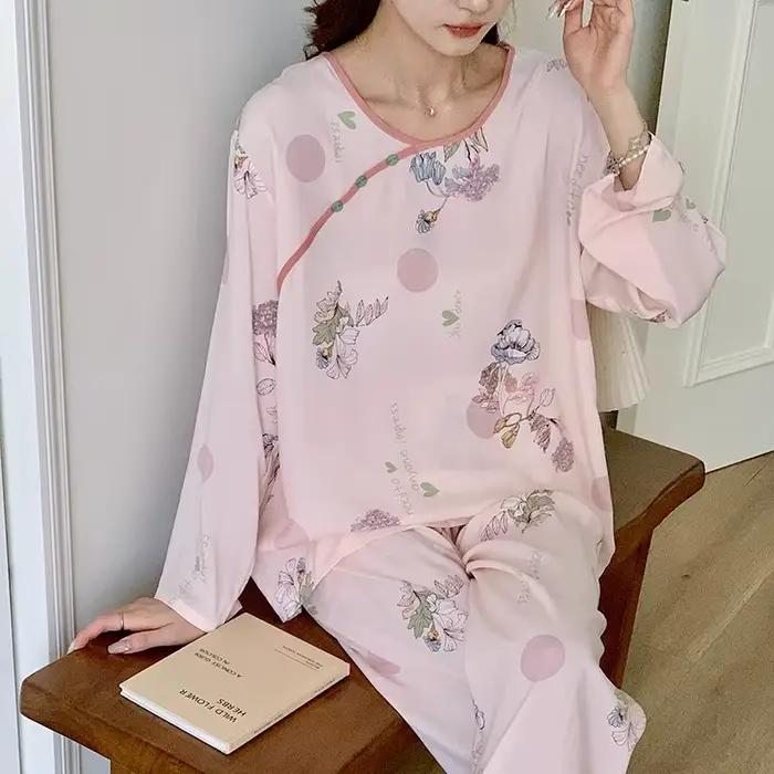Pyjama en coton pour femmes, vêtements de maison, Style chinois, ensemble deux pièces, pantalon à manches longues, costume pour Femme, printemps-automne