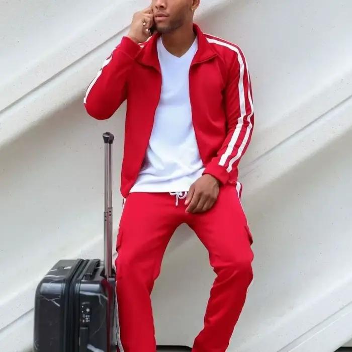 Mode rayures survêtement pour hommes fermeture éclair sweat à capuche et pantalons