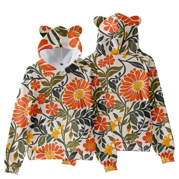 Sweat à capuche imprimé Hibiscus avec oreilles d'ours pour femme