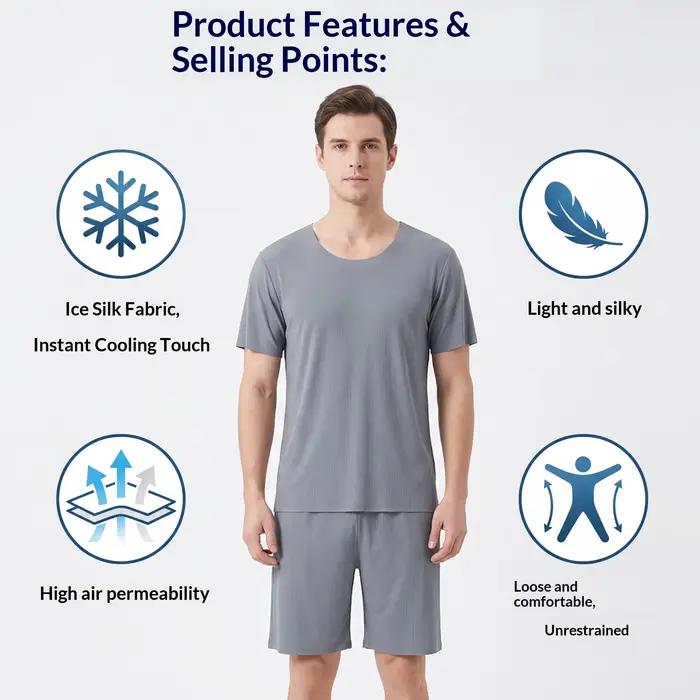 Ensemble de vêtements de détente d'été pour hommes pyjama en soie glacée t-shirt léger sans couture style décontracté occassions estivales et printanières