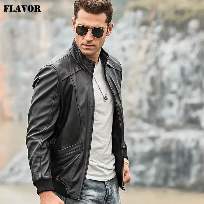 FLAVOR – veste de moto en cuir véritable pour homme, en peau d'agneau, Nappa avec col montant