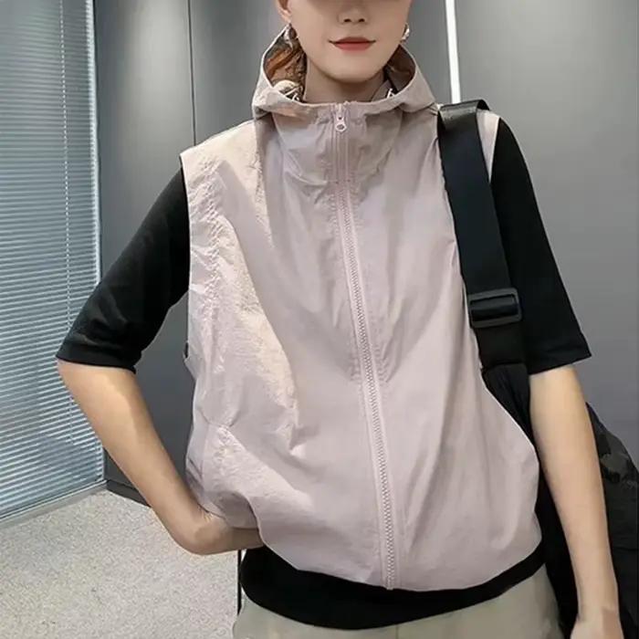 Gilet décontracté sans manches pour femmes, coupe-vent à fermeture éclair, protection solaire, gilet à capuche, vêtements d'extérieur pour printemps-automne occassions multiples
