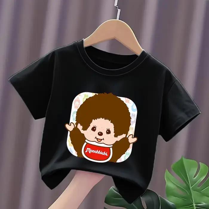 Nouveaux t-shirts Monchhichi pour enfants, t-shirt imprimé avec personnage de dessin animé Kawaii, hauts décontractés à manches courtes pour garçons et filles, vêtements pour enfants