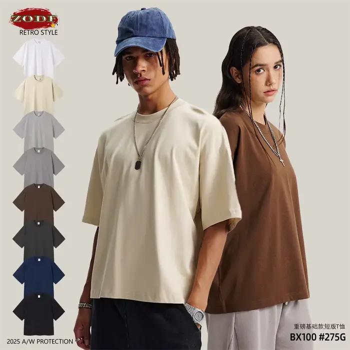 ZODF nouveaux hommes été Boxy 275gsm coton T-Shirts rétro unisexe surdimensionné Version courte basique t-shirt marque