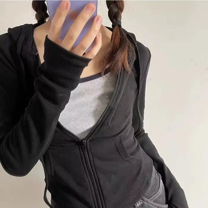 Veste courte à capuche zippée pour femme, style Y2K, streetwear, sport, printemps automne, polyester coton, col en V, poches pratiques, taille large, multiple couleurs, pour femmes adultes