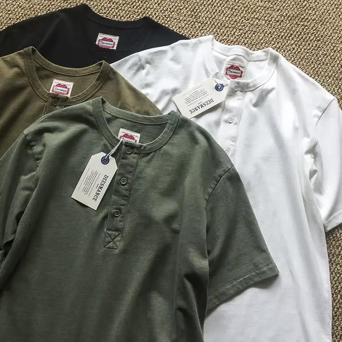 Amekaji élégant Vintage Americana Henley t-shirt-260gsm coton lavé chemise à manches courtes été en détresse Style décontracté