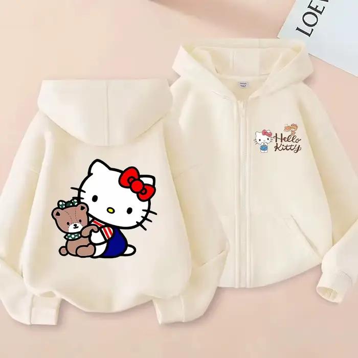 Veste pour filles Hello Kitty, manteau à fermeture éclair, pull imprimé chat de dessin animé, sweat à capuche fin pour printemps et automne, vêtements d'extérieur en coton, cadeaux d'anniversaire