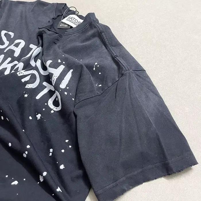 T-shirt unisexe noir délavé style vintage avec imprimé lettres et logo Satoshi Nakamoto