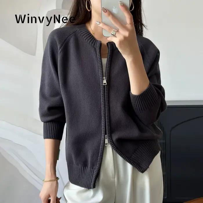 Vêtements pour femmes 100% coton uni col rond fermeture éclair ample doux épais manches longues cardigan tricoté