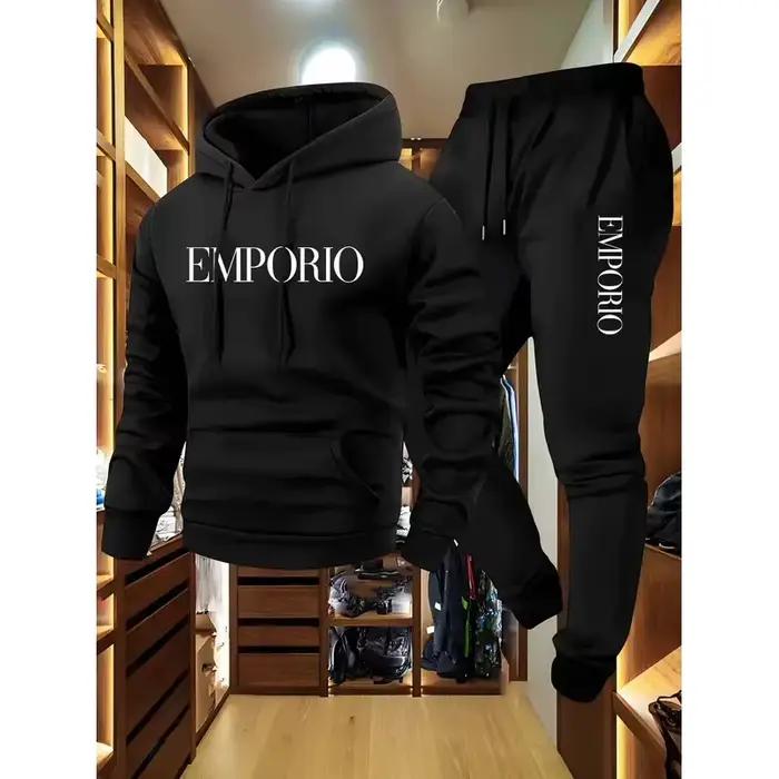 Ensemble jogging décontracté vert olive pour homme avec sweat à capuche EMPORIO imprimé et haut multi-poches pour les sports et les quatre saisons