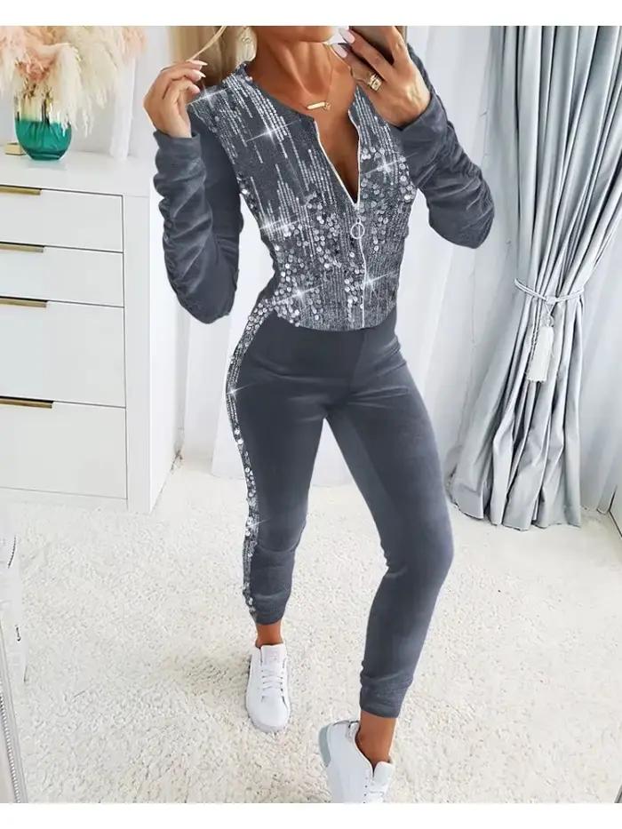 2 pièces velours survêtement tenues femmes pantalon ensemble automne hiver contraste paillettes froncé à manches