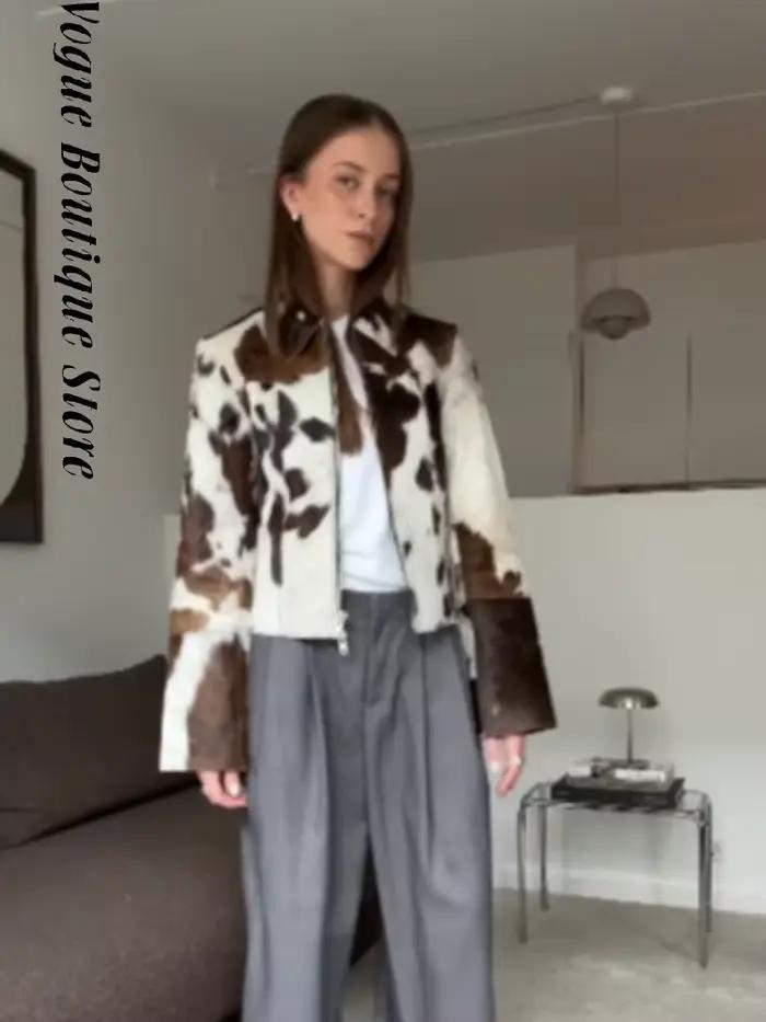 Rue léopard femmes veste courte élégant revers fermetures éclair manches longues évasées vêtements d'extérieur