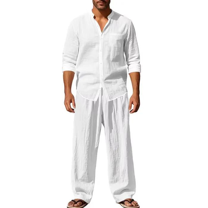 Survêtement 2025 saisons lin hommes décontracté ample respirant à manches longues pantalon chemise plage ensemble en Stock vêtements masculins grande taille