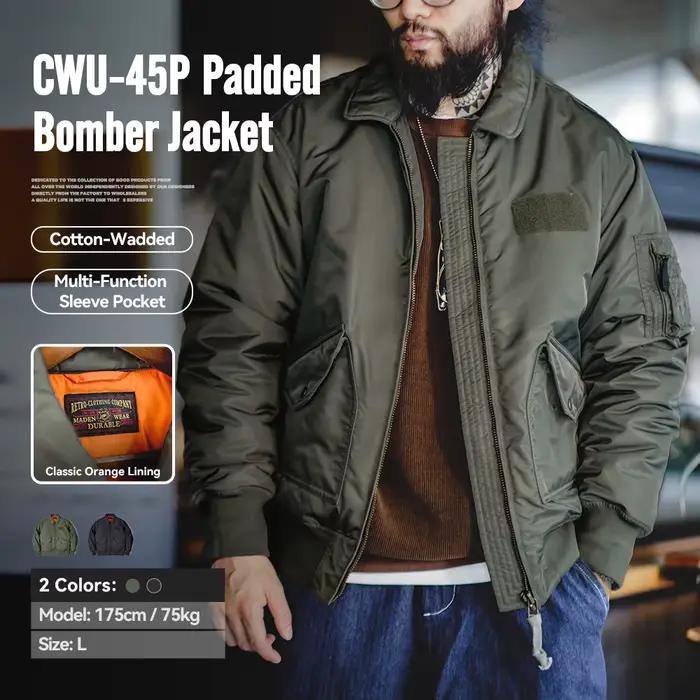 Maden Manteau masculin bombardier CWU-45P Manteau coupe-vent et chaud pour l'automne et l'hiver Doublure orange classique Veste en tissu imperméable haute densité