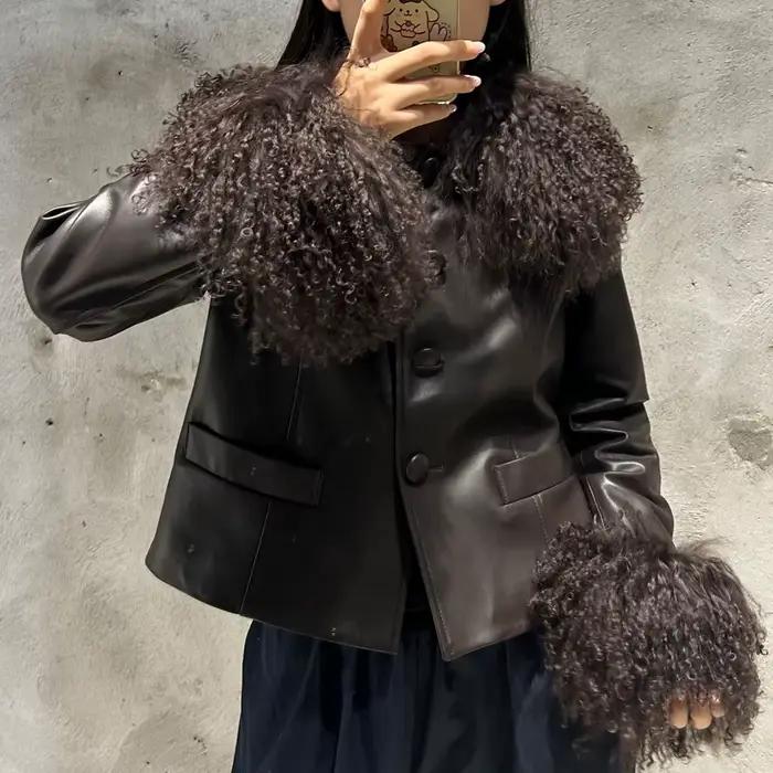 Veste courte en cuir avec fourrure détachable pour femmes, col rabattable, polyvalente pour l'automne et l'hiver, idéale pour toutes occasions, vestes de luxe en peau de mouton