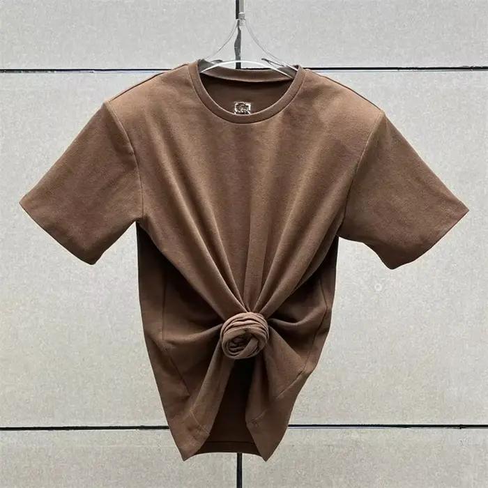 T-shirt femme élastique tricoté coupe ajustée col rond haut court pur coton pour l'été 2025 occassions spéciales juniors jogging style décontracté