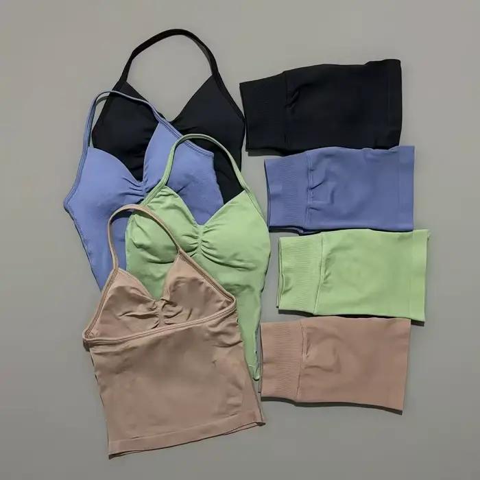 Yoga 2 pièces ensemble de gymnastique femmes dos nu haut à licou taille haute sans couture Shorts costume de sport Fitness sport soutiens-gorge vêtements de sport ensembles d'entraînement