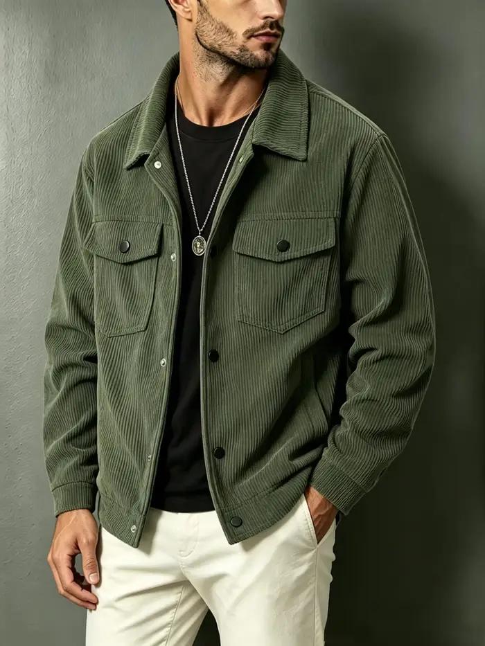 Veste en velours côtelé pour homme, col rabattu, double poche poitrine, boutonnée, décontractée, manches longues
