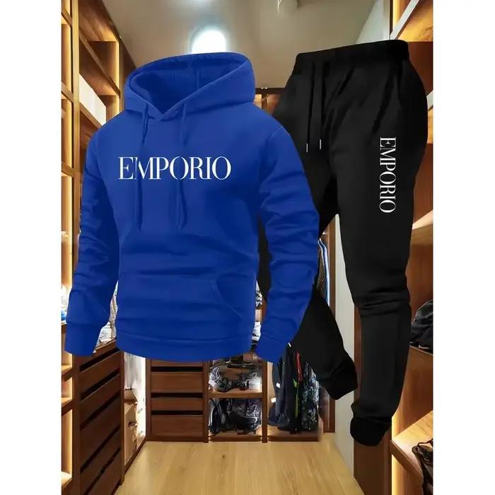 Ensemble jogging décontracté vert olive pour homme avec sweat à capuche EMPORIO imprimé et haut multi-poches pour les sports et les quatre saisons