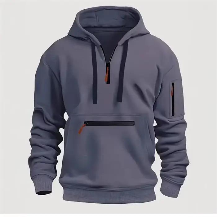 Sweat-shirt à capuche demi-zip homme décontracté avec design multi-poches pour automne et hiver occasiонаs sportives et plein air