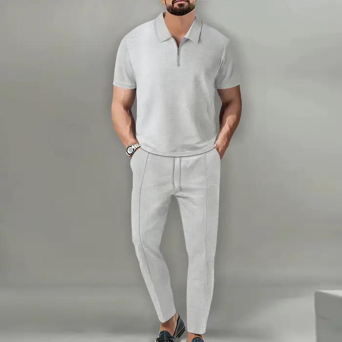 Survêtement de luxe décontracté pour homme avec polo et pantalon, polyester, gaufre, printemps automne, streetwear, entaillé, poche, cordon de serrage