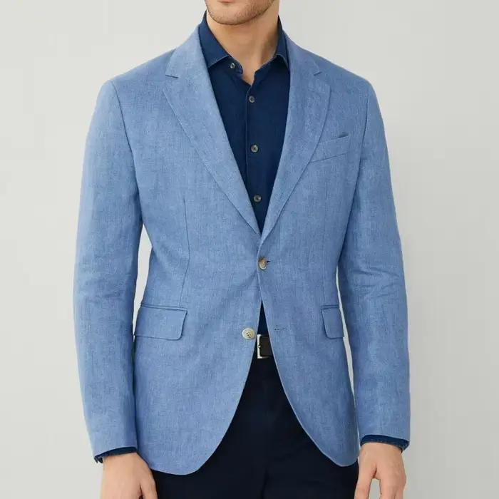 Veste de costume en lin pour hommes, couleur unie, coupe ajustée, revers cranté, poche à rabat, deux boutons, blazer léger et respirant, pour mariage d'été