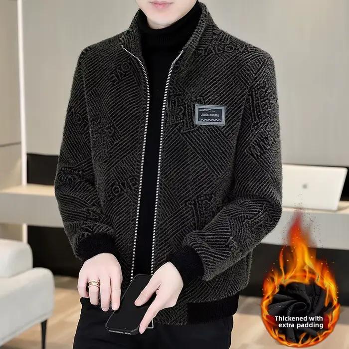 Veste en velours de vison doré pour homme, col montant, manteau en laine, automne-hiver, court, épais, en fibre de polyester, fermeture éclair, décontracté, affaires