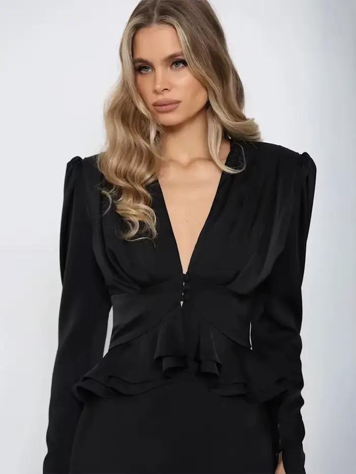 Ahagaga – Nouveau T-shirt Chic et Élégant à Col en V pour Femme, Coupe Ajustée, Manches Longues, Boutons – Idéal pour le Bureau et les Tenues Décontractées