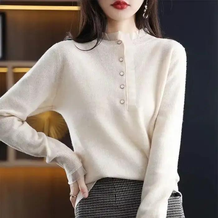 Pull en dentelle à manches longues pour femmes, pull décontracté, vêtements côtelés, automne, hiver, nouveau, 2023