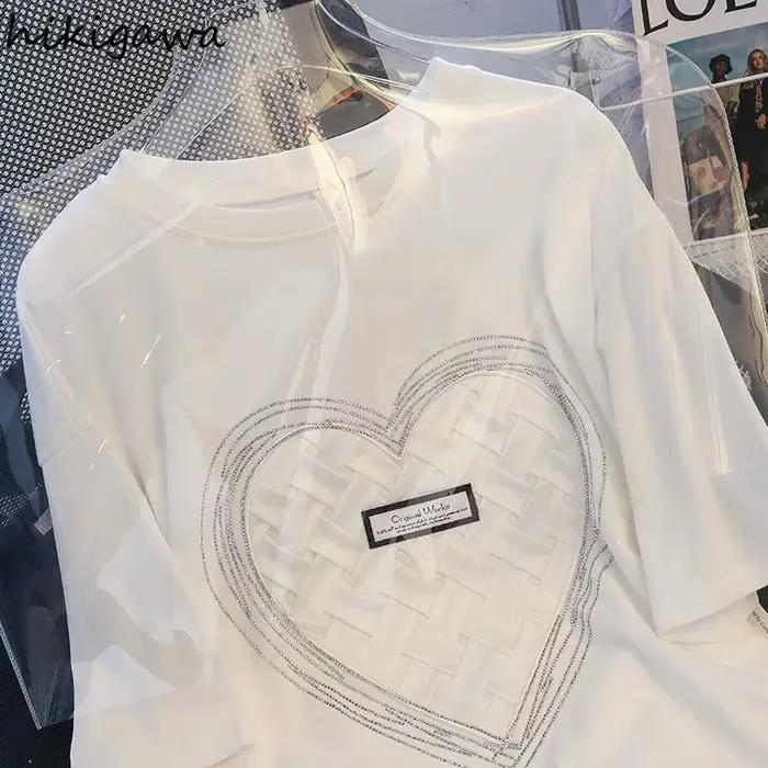T-shirt HIKIGAWA décontracté en coton pour femmes, style Y2K, été, surdimensionné, blanc, col rond, confortable et facile à entretenir