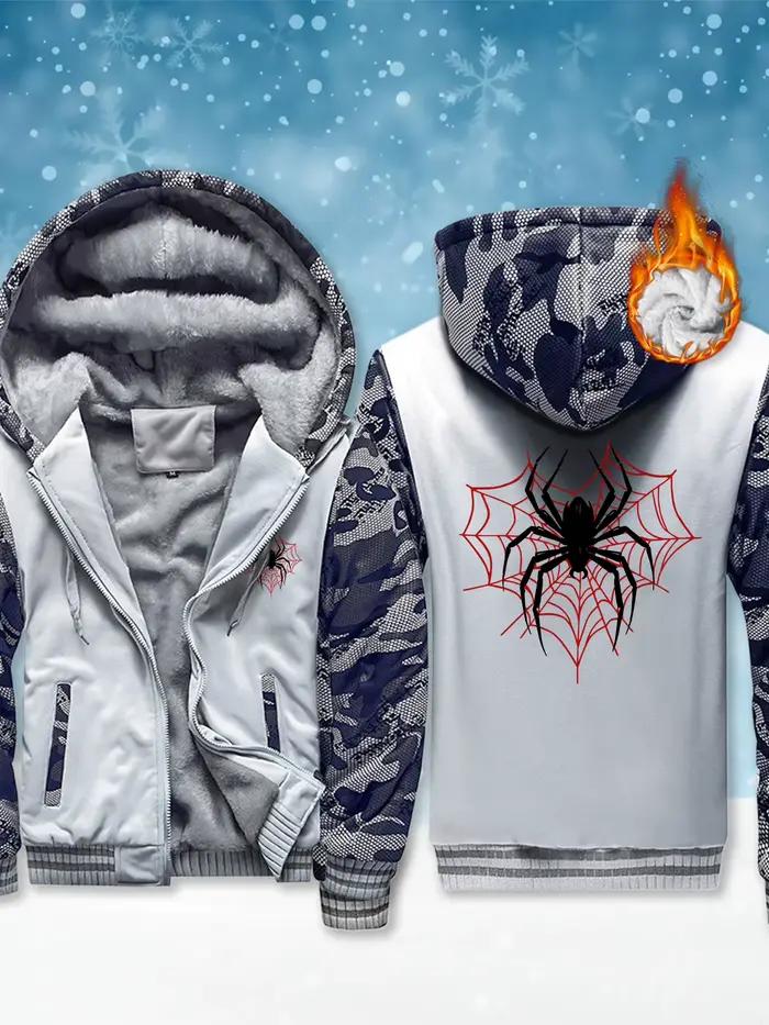 Veste pour hommes imprimée araignées sur le toile d'araignée, sweat-shirt décontracté à la mode avec fermeture éclair, vêtements épais, doux et chauds, hiver