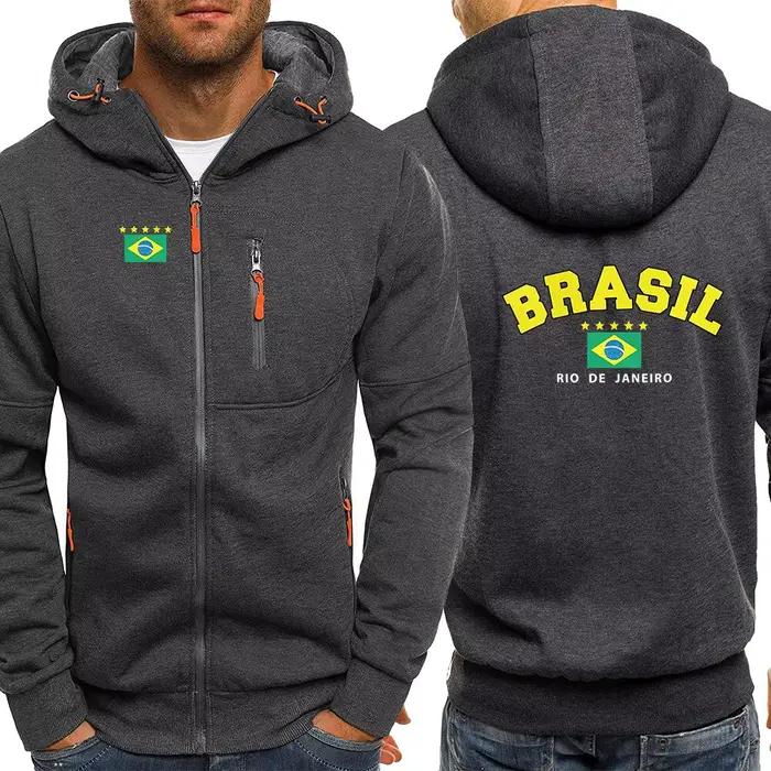 Logo étoile du drapeau brésilien. Le nouveau sweat-shirt à capuche à fermeture éclair tricolore pour homme convient aux