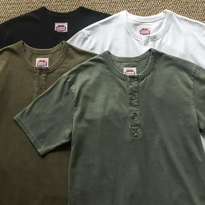 Amekaji élégant Vintage Americana Henley t-shirt-260gsm coton lavé chemise à manches courtes été en détresse Style décontracté