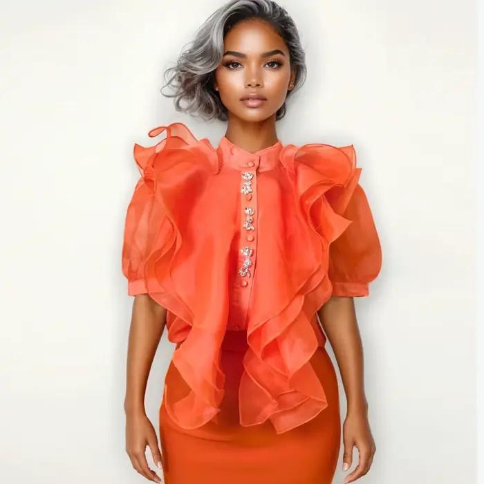 Chemisier Orange en Organza à Volants