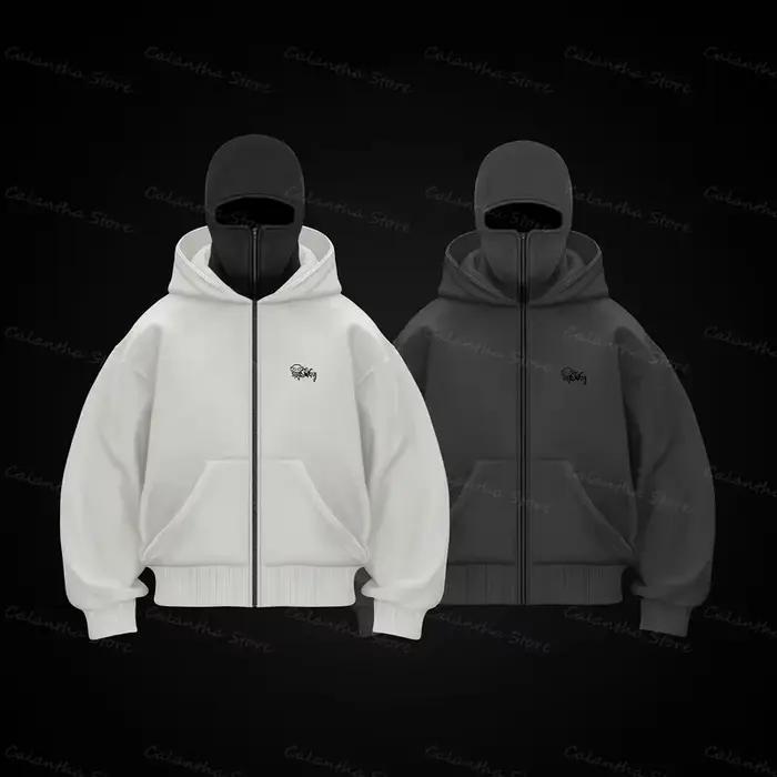 Nouveaux hommes cagoule sweat à capuche zippé hiver chaud sweat-shirt décontracté avec masque facial à capuche conception de fermeture éclair veste de sport activités de plein air