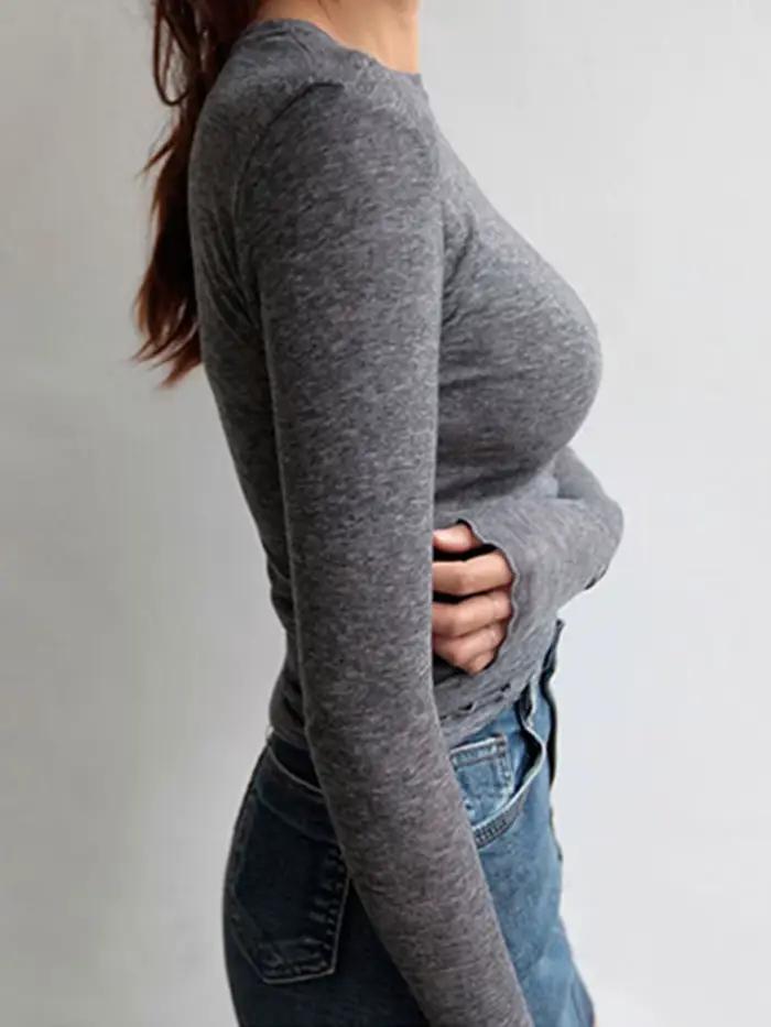 Haute qualité plaine T-shirt femmes coton élastique basique T-shirts femme décontracté hauts à manches longues Sexy