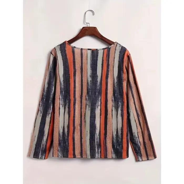 Femmes grande taille 1XL-8XL décontracté confortable à manches longues haut mode col en v rayé respirant T-shirt