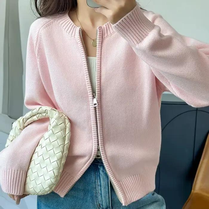 Vêtements pour femmes 100% coton uni col rond fermeture éclair ample doux épais manches longues cardigan tricoté