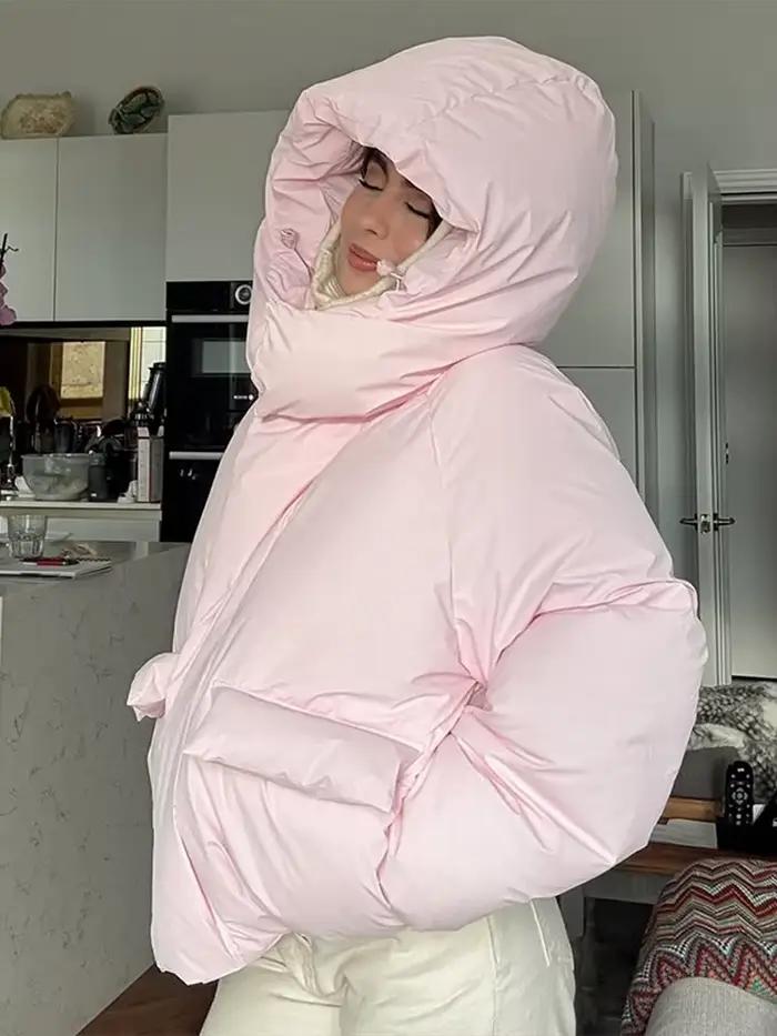 Chic bouffant à capuche rembourré manteau femmes élégant rétro rose poches zippées court vers le bas coton manteaux femme 2025 hiver rue vêtements d'extérieur