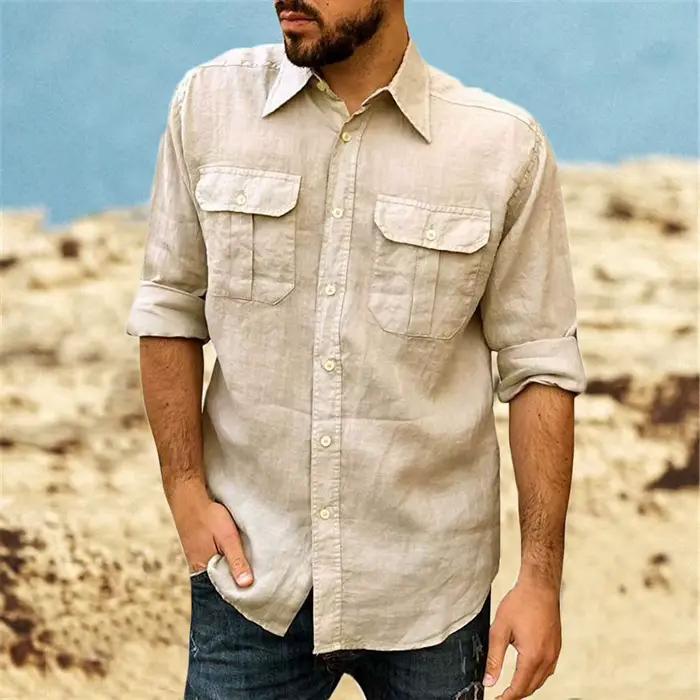 Chemise classique en coton et lin pour hommes décontractée et élégante double poche manches longues revers en Y vêtements tendance printemps automne