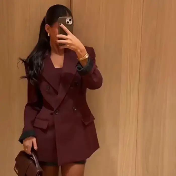 Vintage vin rouge Blazer veste femmes mode Double boutonnage à manches longues costume vestes femme 2026 nouveau printemps revers bureau manteau