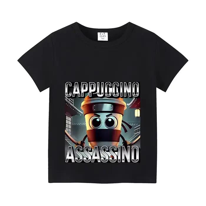 T-shirt Enfant Animaux Amusants 'Brainrot' Italien, Cappuccino Assassino, Hauts à Manches Courtes pour Enfants, Tee-shirt Meme Drôle et Mignon, Vêtements d'Été