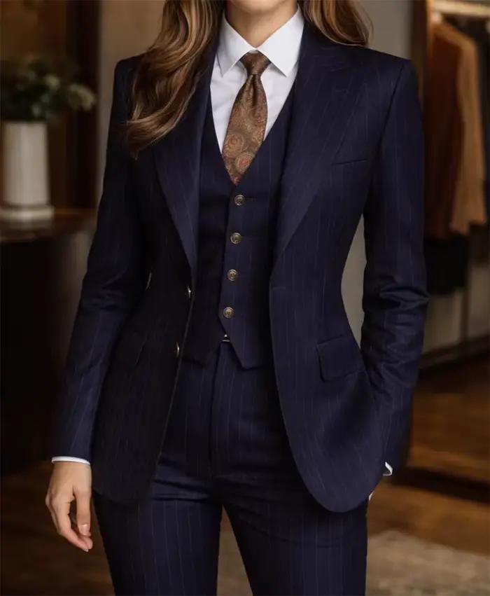 Costume rayé bleu marine pour femme