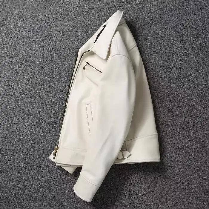 Veste en cuir véritable pour hommes veste en peau de veau à revers blanc manteau en peau de vache naturelle pour hommes coupe ajustée couche supérieure veste de motard en peau de vache