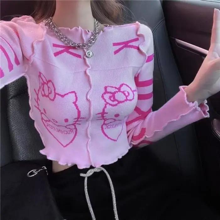 Doux Hello Kittys pull tricoté Kawaii imprimé T-Shirt à manches longues Y2K femmes Sexy hauts courts mode polyvalent