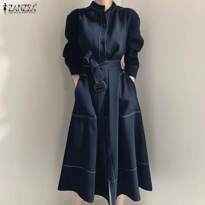 ZANZEA mode chemise longue robes femmes élégant Streetwear bureau dame Midi robes ceinturé décontracté automne à manches longues Robe de soirée