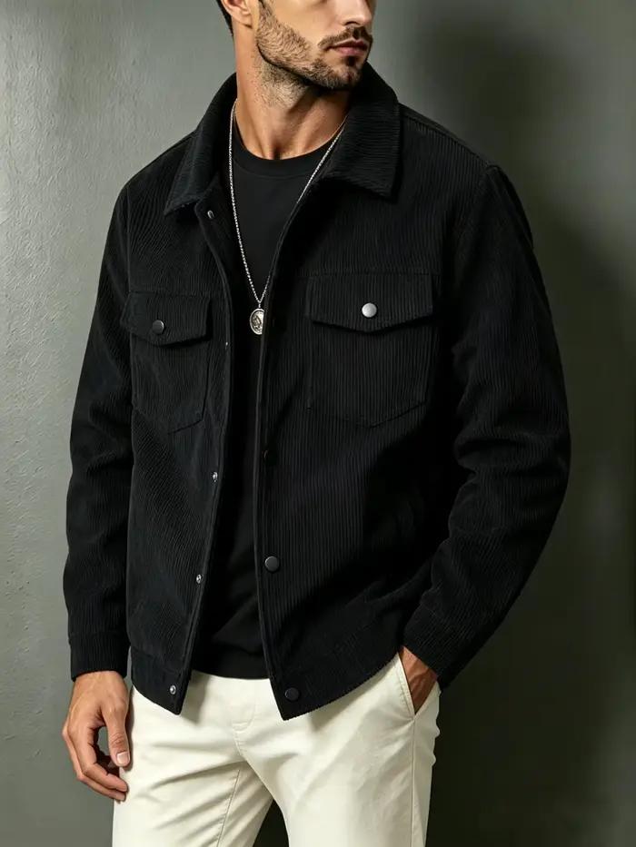 Veste en velours côtelé pour homme, col rabattu, double poche poitrine, boutonnée, décontractée, manches longues