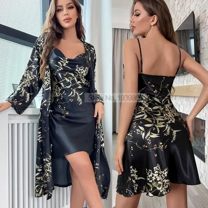 Robe kimono en satin imbibé avec bretelles pour femme, chemise de nuit, peignoir, lingerie sexy, rayonne, vêtements de nuit d'été, imprimé, aucun